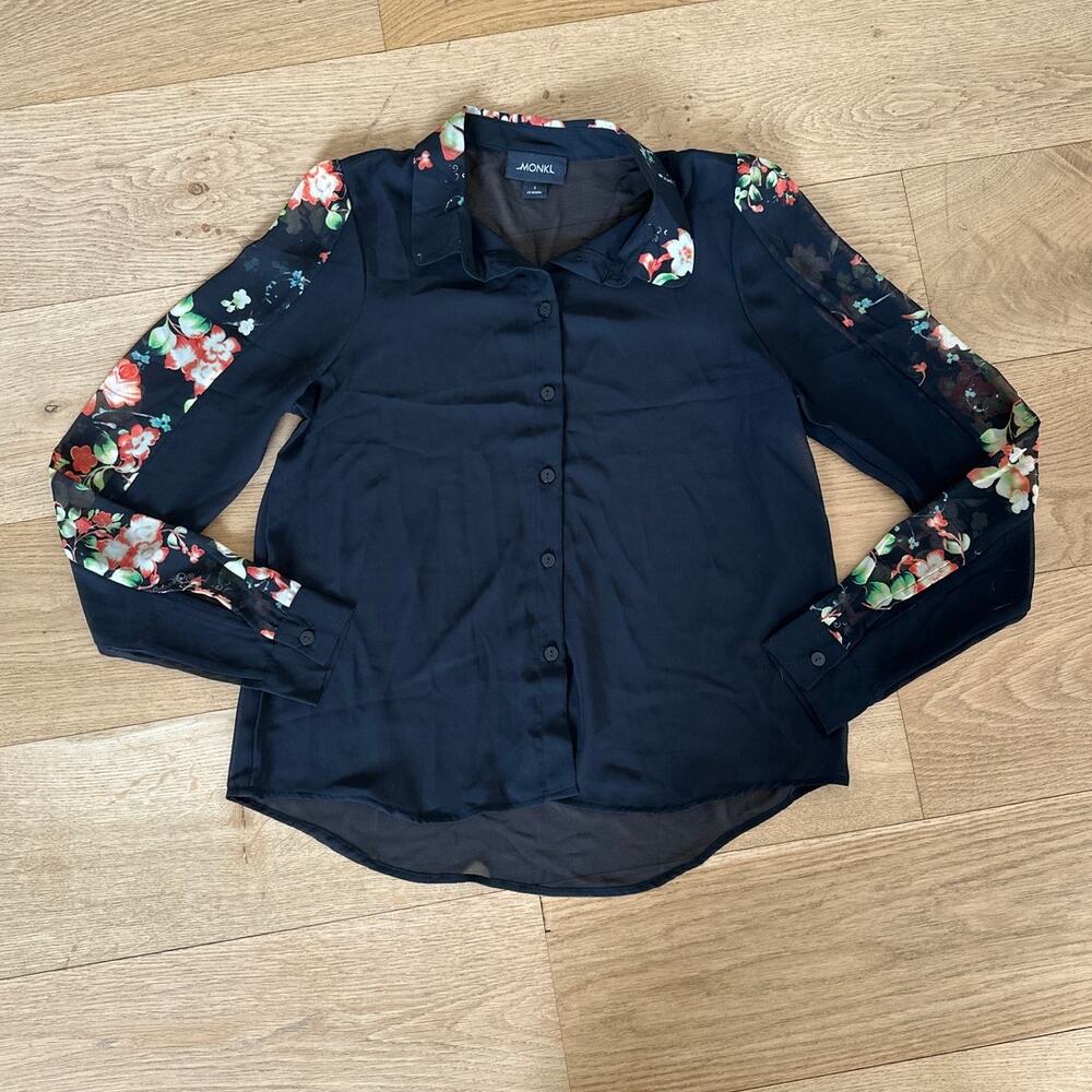 MONKL - Floral Sleeve Sheer Button front Blouse in Black & Pink